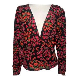 THE KOOPLES Camellia Floral Crossover Silk Blouse In Red/black